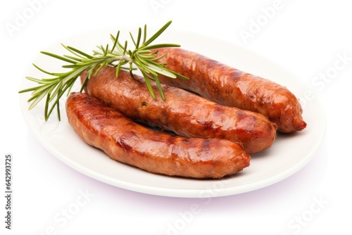 Rosemary infused pork sausages on white backdrop