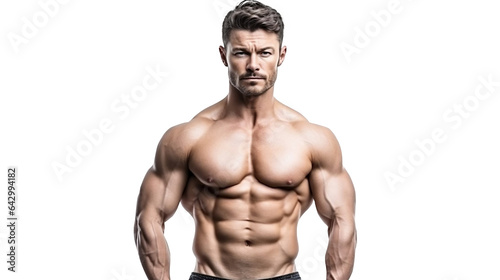 Fit and a handsome shirtless man with a beautiful torso. Strong and handsome, fit and sporty bodybuilder man. Man Fitness Model Torso showing six pack abs. Isolated on Transparent background.