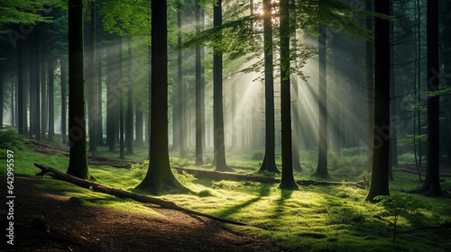 Rays of sunlight in a green forest in the morning © IB Photography