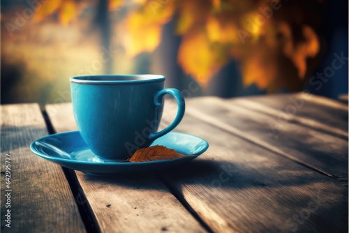 Focus blue color of coffee cup on wooden table with blurred autumn background. Concept of blank space for advertising product. Finest generative AI.