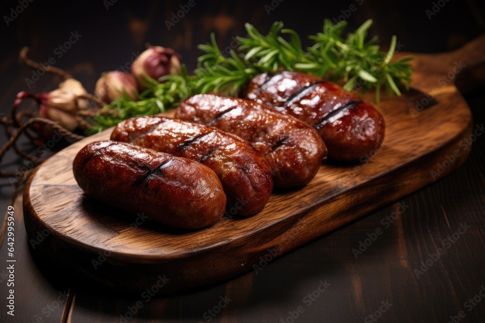 Selective focus horizontal wooden background with sausages