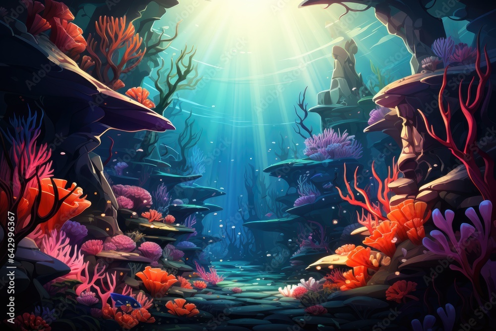 Abstract illustration of deep sea river and light decorated with diverse and beautiful flora