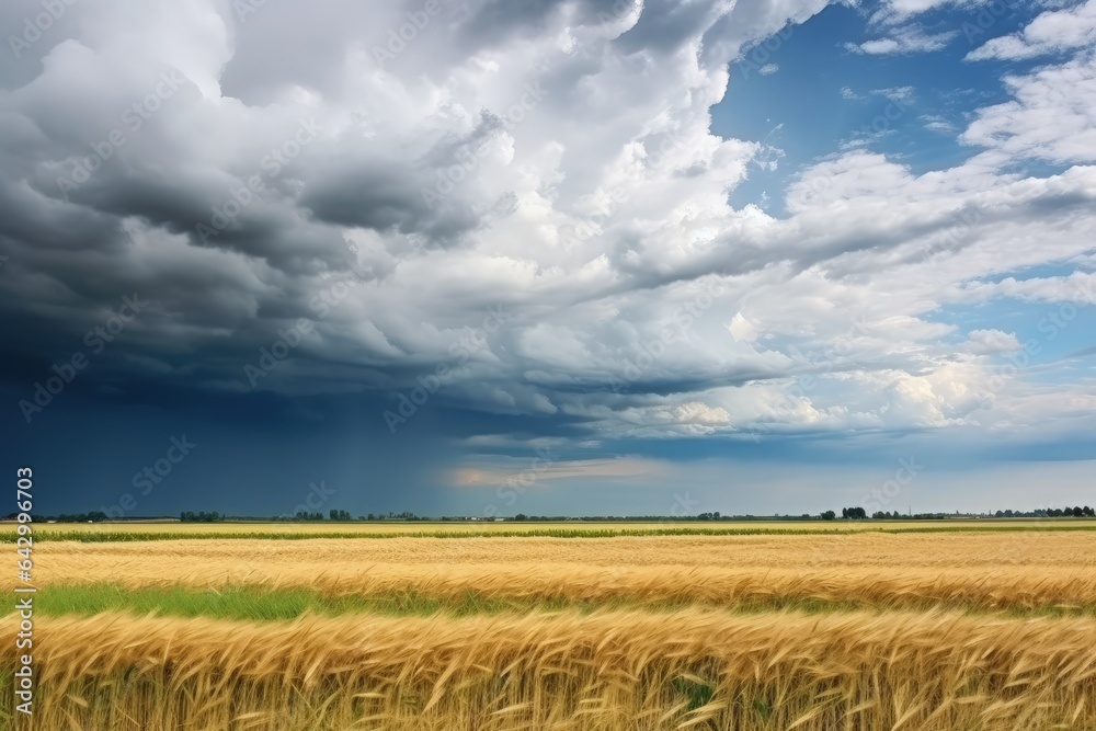 Summer rain falls heavily on a village as a gray cloud moves above a wheat filled agricultural field