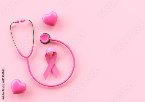 Pink ribbon, hearts and stethoscope on a pink background for the Breast Cancer Awareness Month and World Cancer Day banner design with copy space © AdriaVidal