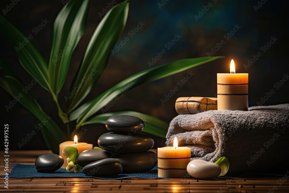The meditation concept involves placing aromatic candles, therapeutic massage stones, and soft towels on a bamboo mat in a spa setting. The meditation concept involves placing aromatic candles, therapeutic massage stones, and soft towels on a bamboo mat in a spa setting.