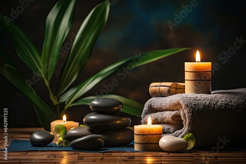 The meditation concept involves placing aromatic candles, therapeutic massage stones, and soft towels on a bamboo mat in a spa setting.