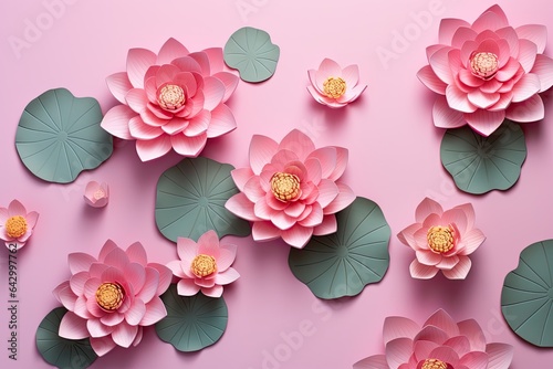 There are exquisite lotus flowers in full bloom placed on a pink background, arranged in a flat perspective. Ample space is available for adding text. © LimeSky
