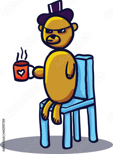 Cartoon Bear with Hat and Cup in Hand. Vector