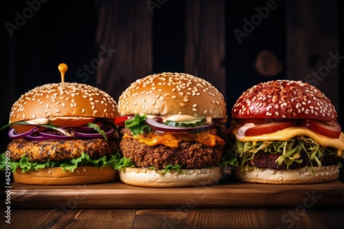 Three different burgers on a wooden table in a modern restaurant