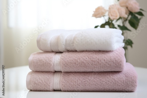 Three plush bath towels are in a set alone A close up photo highlights the intricate woven terrycloth These brand new hand towels are made of soft luxurious hotel spa cotton and feat