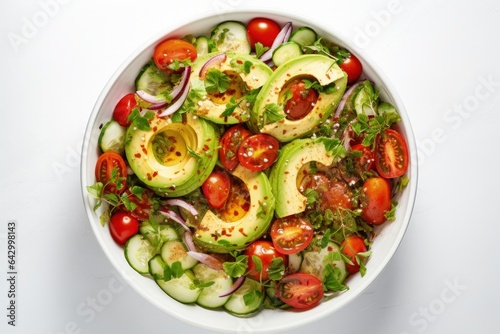 Top down view of a light background featuring fresh salad tomatoes and avocado