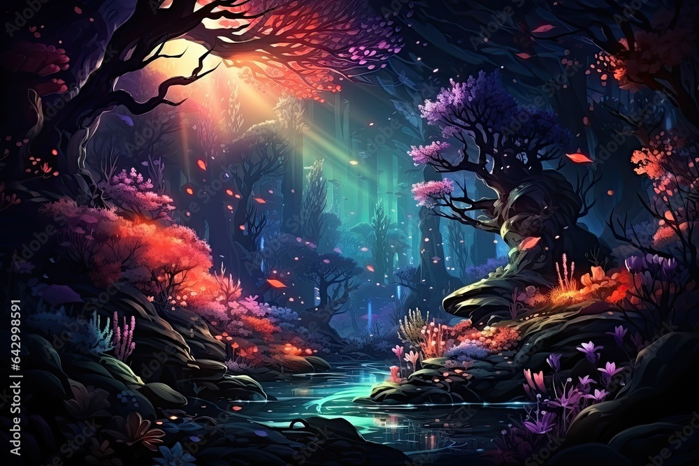 Naklejka premium Abstract illustration of deep sea river and light decorated with diverse and beautiful flora