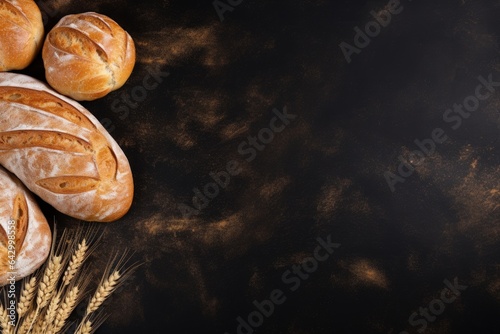 Top view of bakery items on black chalkboard with copy space