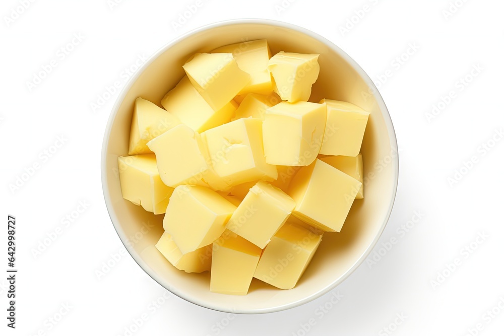 Top view of isolated butter pieces in a bowl on a white background Top view of isolated butter pieces in a bowl on a white background