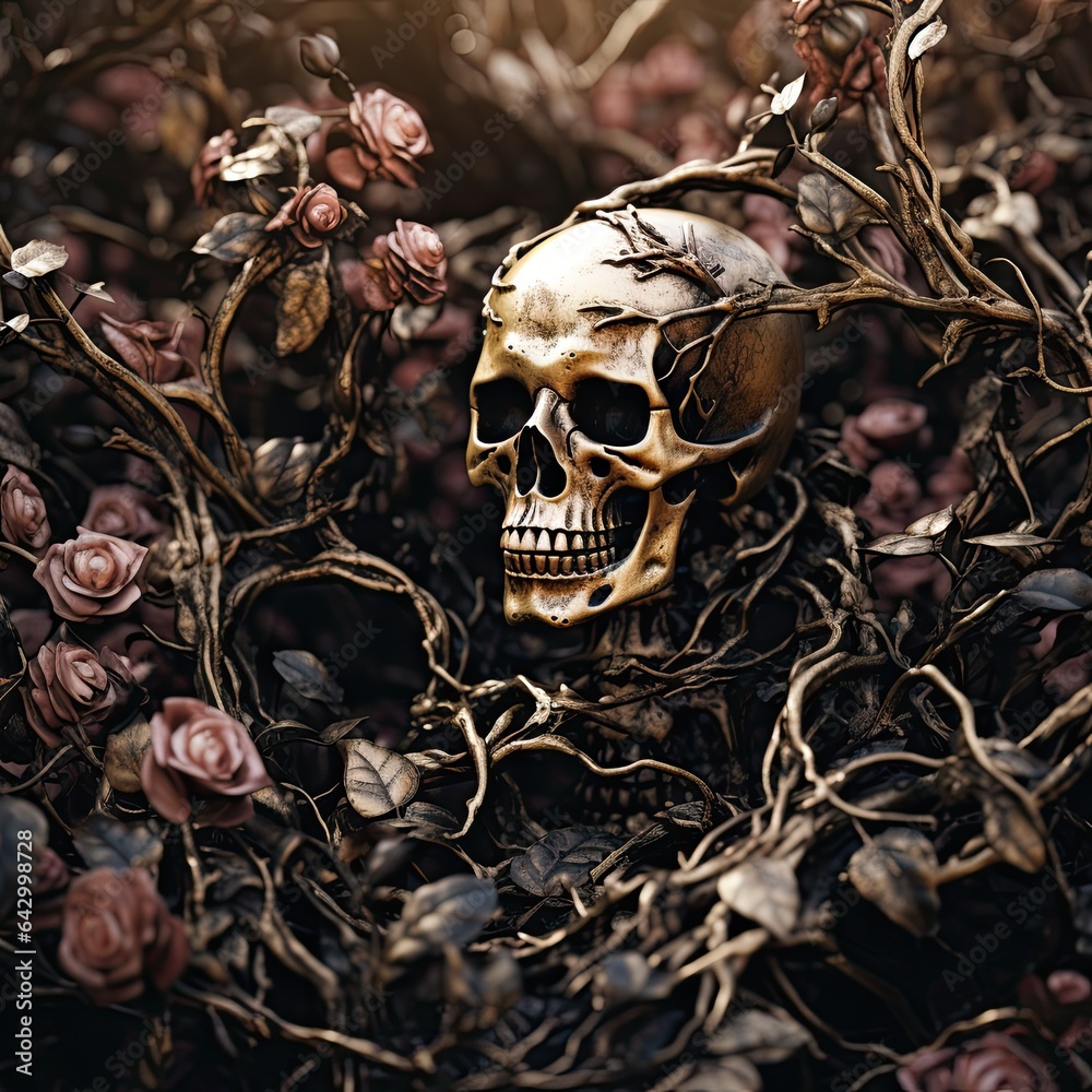 a skull in the middle of a bed of dead flowers, with an image of a human skull on it's head