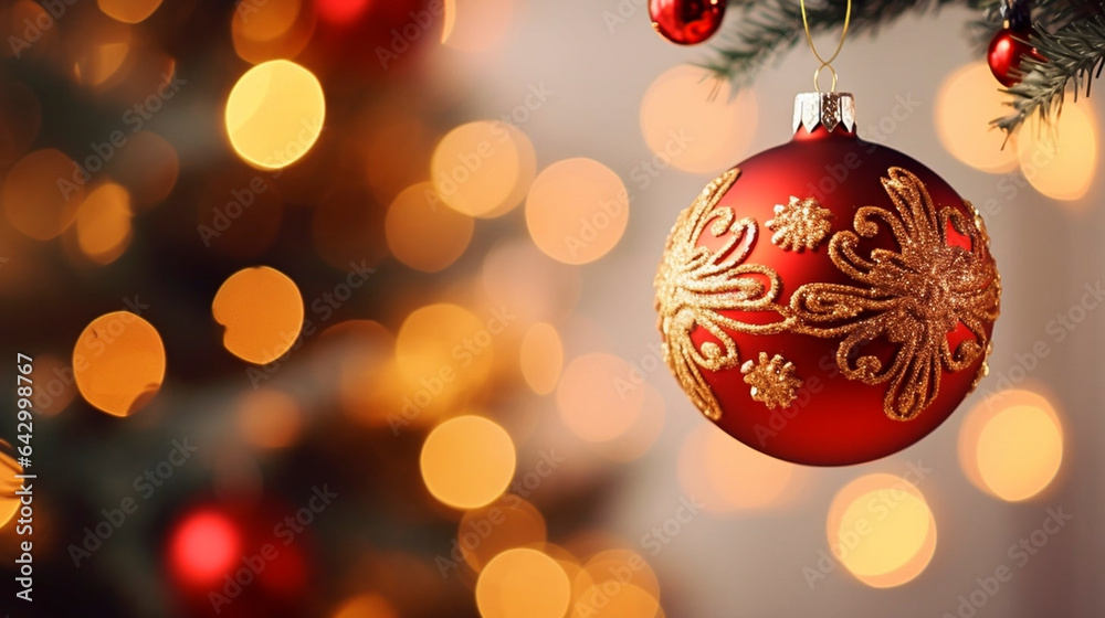 Decorated Christmas tree on blurred background. Red and gold Christmas tree decoration balls in classic colors. Christmas tree with decoration, detail Christmas tree with bokeh Decorated Christmas tree on blurred background. Red and gold Christmas tree decoration balls in classic colors. Christmas tree with decoration, detail Christmas tree with bokeh