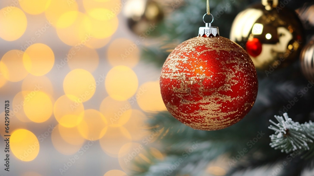 Decorated Christmas tree on blurred background. Red and gold Christmas tree decoration balls in classic colors. Christmas tree with decoration, detail Christmas tree with bokeh