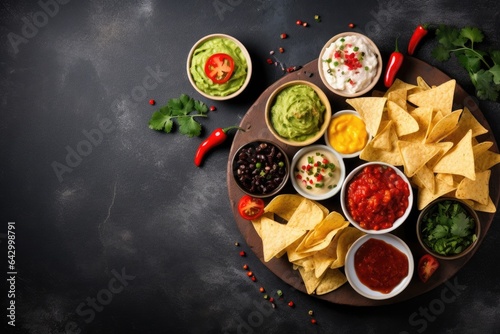 Top view of Mexican nachos chips with multiple sauces guacamole salsa cheese and sour cream displayed on a stone table with copy space