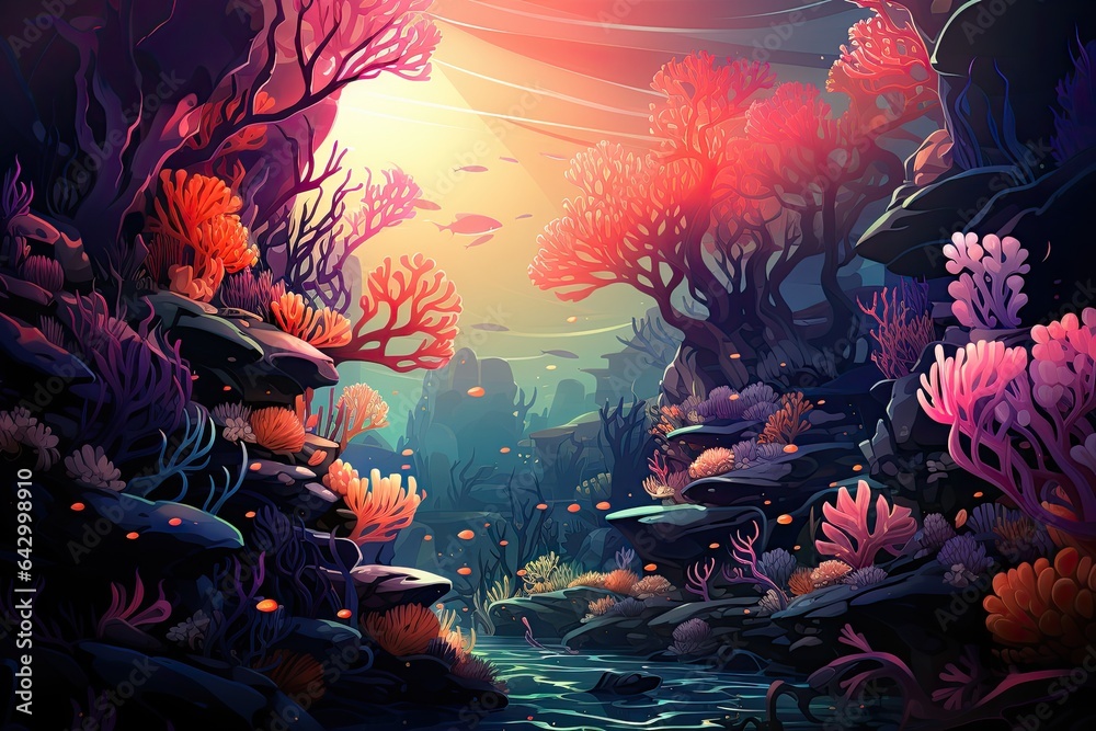 Abstract illustration of deep sea river and light decorated with diverse and beautiful flora