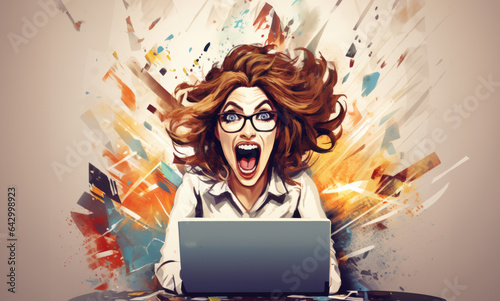 An excited woman in front of a computer. Happy. High impact. Motion. Ecstatic. Hair blowing. Won the contract. Sealed the deal. Signed a client. Small business, celebration. Entrepreneur.