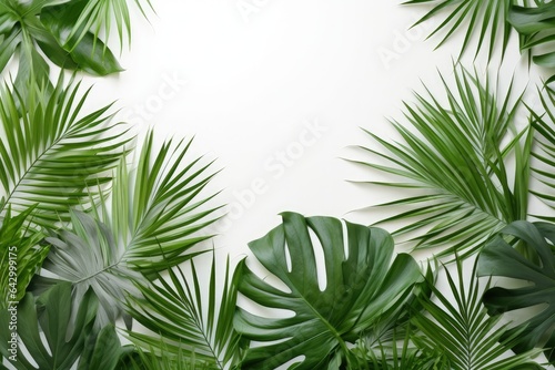 Tropically themed leaves cast shadow on white background for product presentation and mockup summer concept