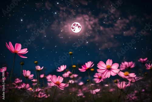 Enchanted Evening  Cosmos Flower in a Moonlit Garden Under a Starry Night Sky