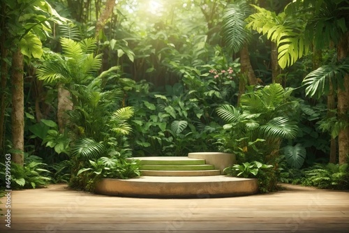 Podium pedestal in tropical forest garden green background. ai generative