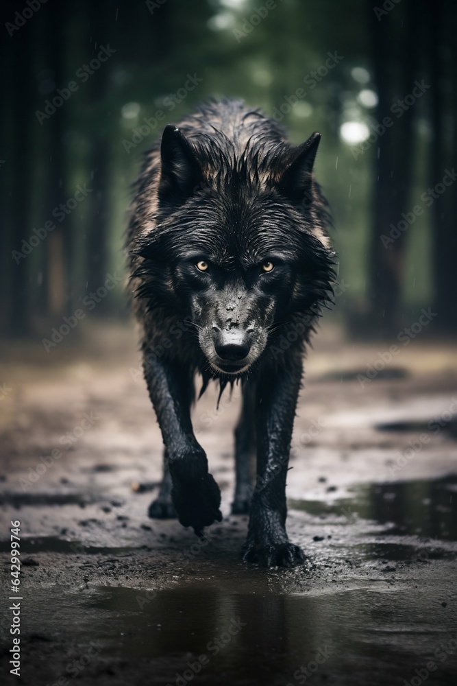 wild wolf in the forest looking straight into the camera. Generative AI