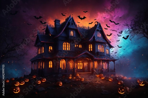 Halloween house with bats symbolizing destruction. ai generative