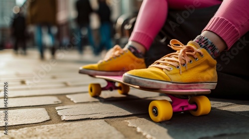 Legs in sneakers close-up on a skateboard. Generative AI