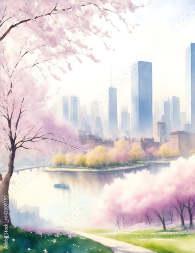 Spring watercolor city view background