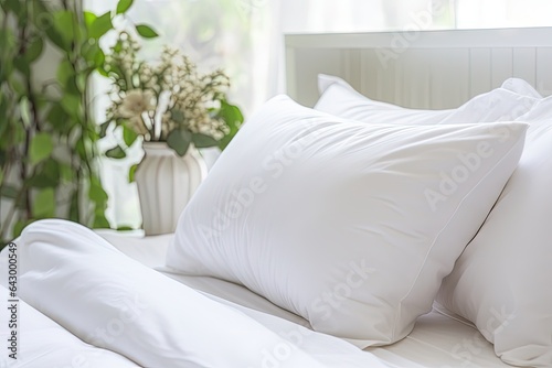 White pillow on bed in bedroom closeup photo