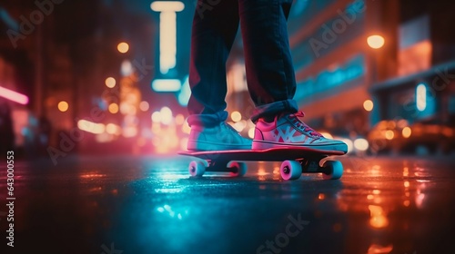 Close up shot of a person's legs on a skateboard, city at night. Generative AI