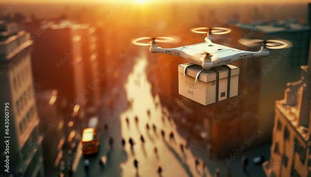 Flying drone delivers a package, background a big city. Generative AI