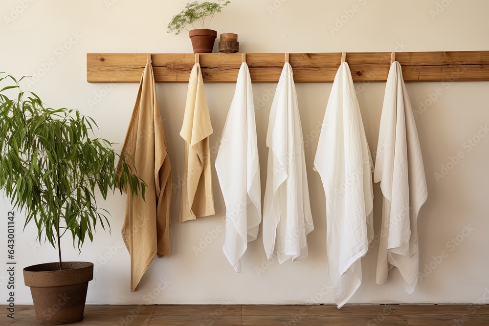 You will find a row of natural muslin kitchen towels gracefully displayed on a unique wooden hanger These kitchen textiles are made from natural soft breathable materials and bring a - obrazy, fototapety, plakaty 