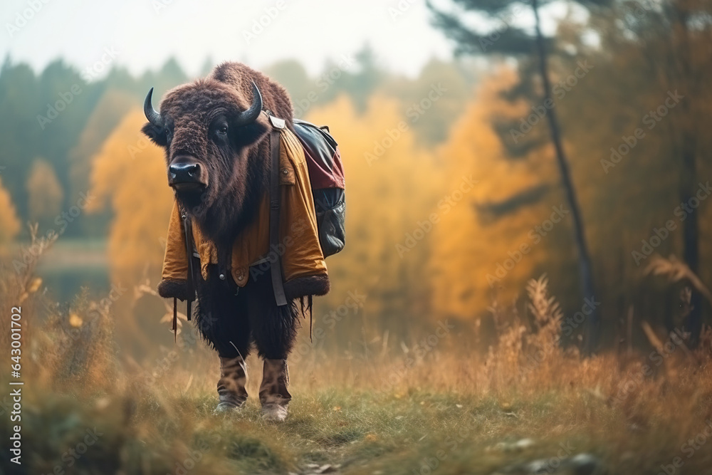 portrait of happy buffalo wearing travel clothes on vacation portrait of happy buffalo wearing travel clothes on vacation