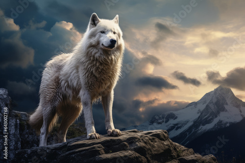 White wolf on top of a mountain