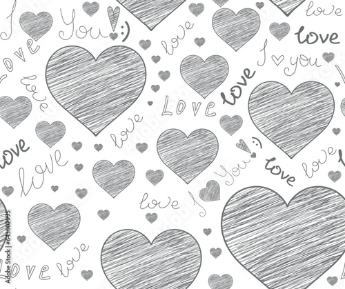 Valentine decorative vector seamless pattern with chalk drawn hearts and the words of love on a white sheet of paper