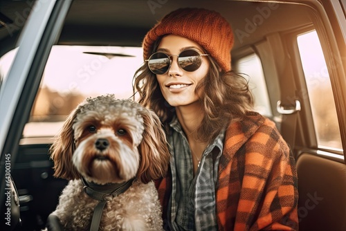 a woman and her dog sitting in the back seat of a car looking out the window while they are wearing sunglasses