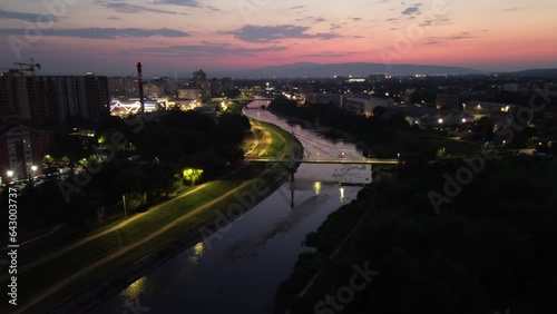 View of the city, sunset captured by a drone.