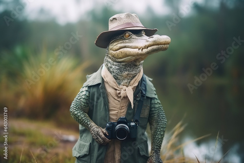 portrait of happy crocodile wearing travel clothes on vacation