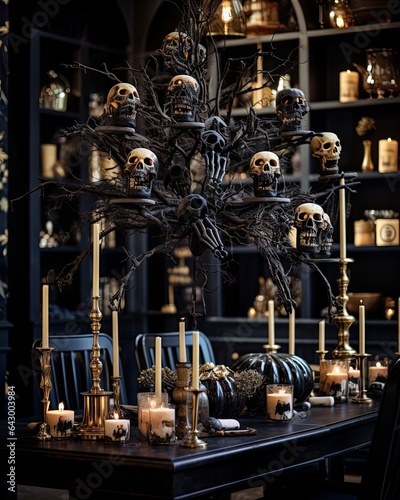 a dining room decorated for halloween with skulls, candles and pumpkins in the center of the table there is a black chandel photo