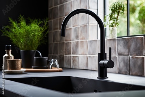 A black gooseneck tap is the focal point in a monochrome kitchen. photo