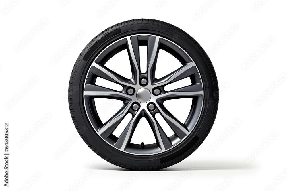 A brand-new car wheel photographed separately against a white background.