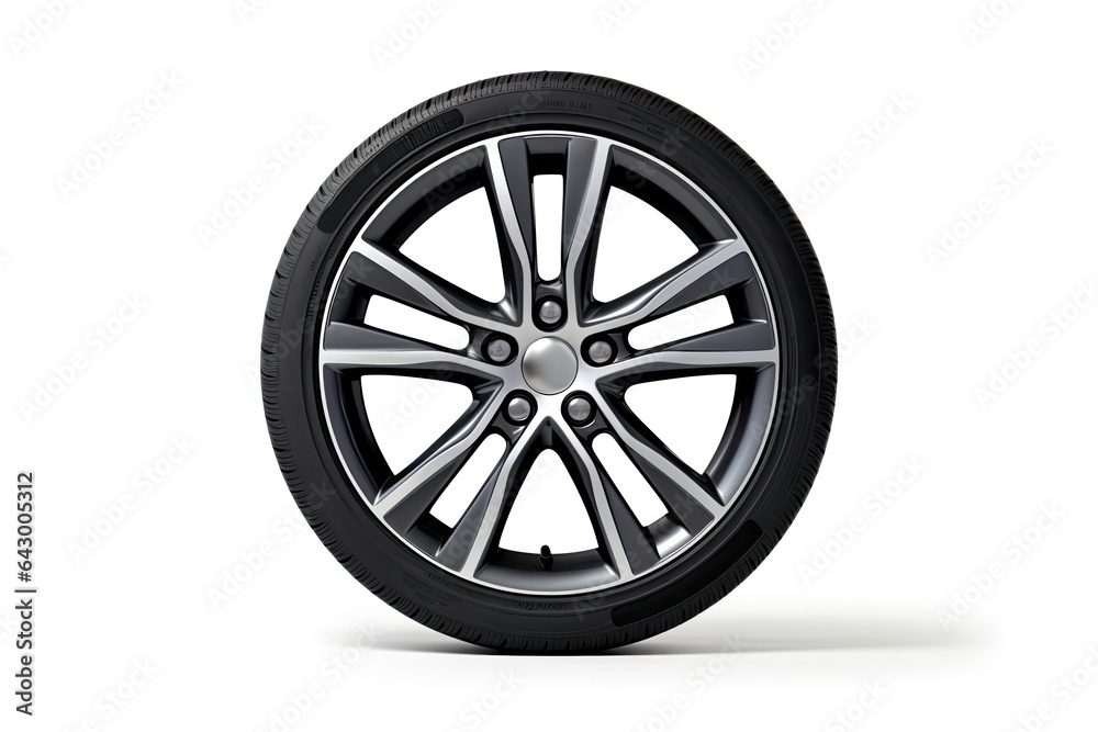 A brand-new car wheel photographed separately against a white background. A brand-new car wheel photographed separately against a white background.