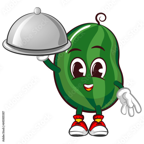 Vector mascot, cartoon and illustration of a cute watermelon fruit being a waiter and delivering dishes