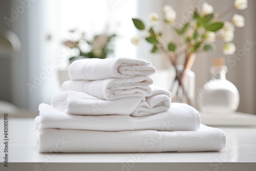 A collection of white towels neatly rolled and placed on a white table with empty space available for text or other images The background is a blurred living room creating a visually