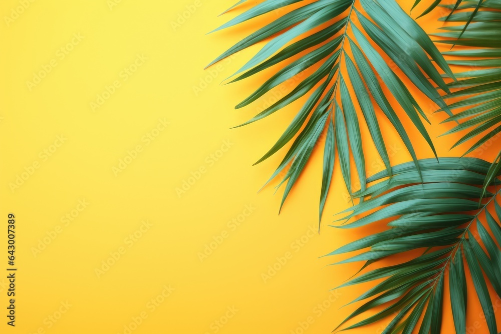 A minimalistic summer-themed illustration with vibrant tropical palm leaves placed on a bright background in a flat lay style. A minimalistic summer-themed illustration with vibrant tropical palm leaves placed on a bright background in a flat lay style.