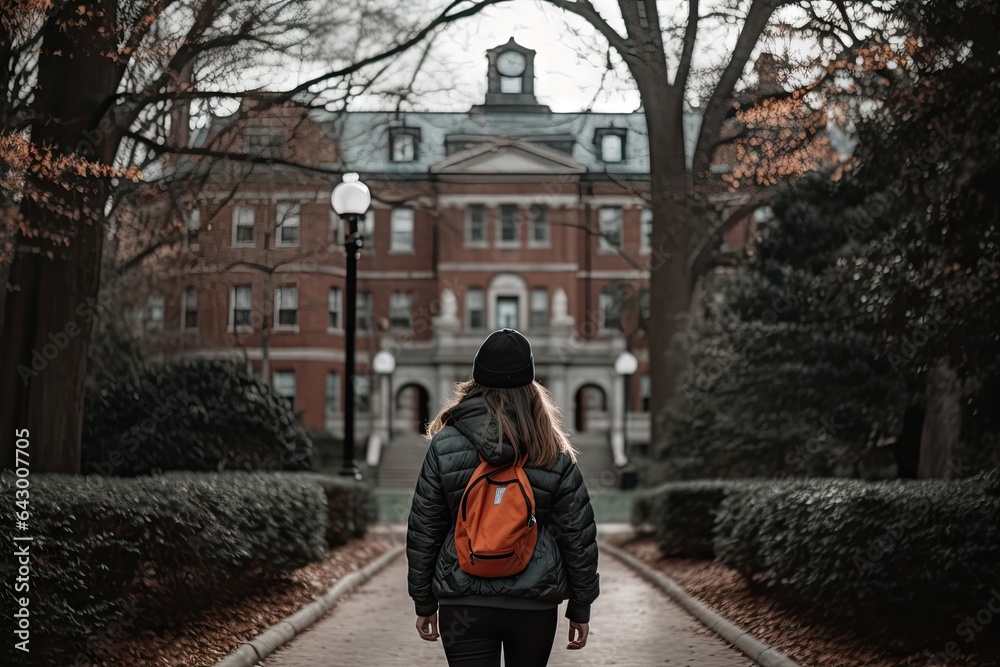Obraz premium a woman walking down the street in front of an old brick building with her back to the camera she is wearing a backpack