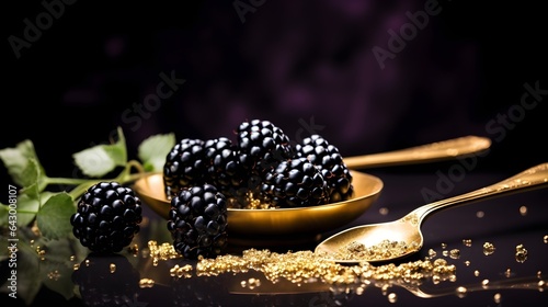Blackberries with golden confetti and a golden spoon. Festive dark black background.